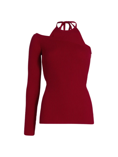 Monse One-sleeve Layered Ribbed Wool-blend Halterneck Top In Deep Red