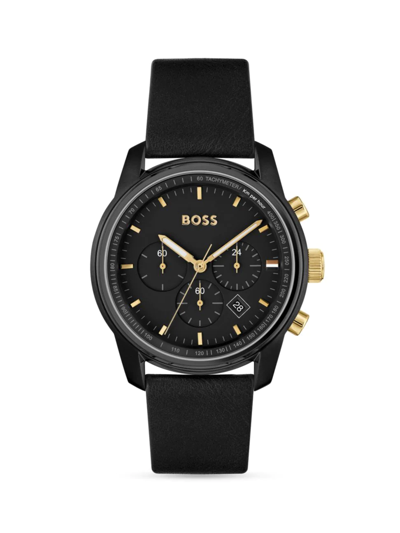 Hugo Boss Men's Trace Black Genuine Leather Strap Watch, 44mm