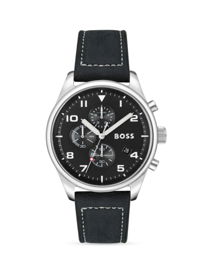 Hugo Boss Boss Men's View Black Genuine Leather Strap Watch, 44mm