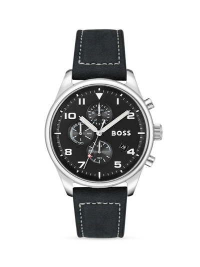 Hugo Boss Men's View Black Genuine Leather Strap Watch, 44mm