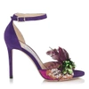 JIMMY CHOO ANNIE 100 IRIS SUEDE AND JAZZBERRY MIX FEATHER EMBROIDERY PEEP TOE SANDALS,ANNIE100UDZ S