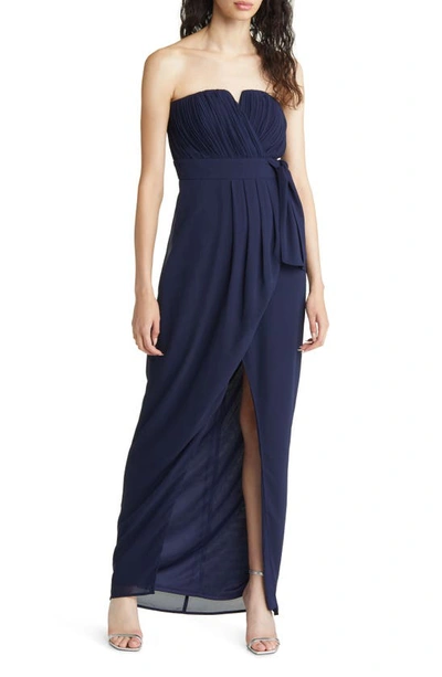 Lulus Easy Elegance Pleated Strapless Gown In Navy Blue