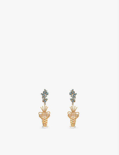 La Maison Couture Sonia Petroff Lobster Aquamarine, Diamond And 24ct Yellow Gold-plated Brass Earrings
