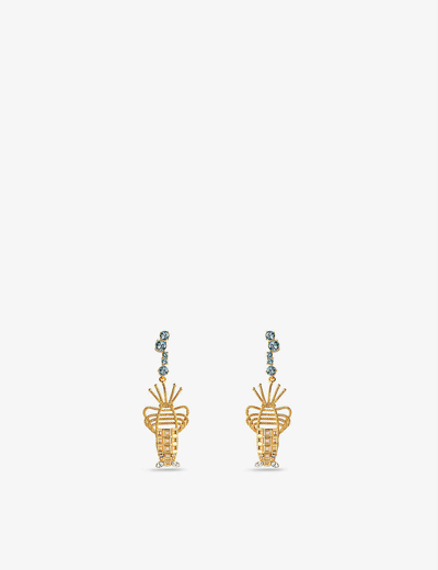 La Maison Couture Sonia Petroff Lobster Aquamarine, Diamond And 24ct Yellow Gold-plated Brass Earrings