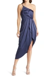 Lulus Law Of Attraction On-shoulder Satin Cocktail Dress In Navy Blue