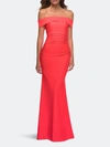 La Femme Long Off The Shoulder Ruched Neon Jersey Dress In Orange