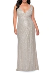La Femme Sequin Plus Size Gown With Ruching And V-neck In Grey
