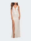 La Femme Sequin Gown With Deep V Neckline And Lace Up Back In White
