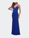 La Femme Net Jersey Long Ruched Gown With Slit And Open Back In Blue