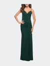 La Femme Net Jersey Long Ruched Gown In Green