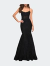 La Femme Sheer Bodice And Open Back Mermaid Lace Gown In Black