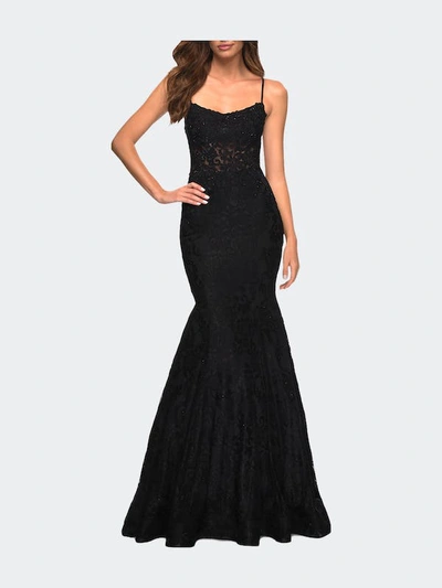 La Femme Sheer Bodice And Open Back Mermaid Lace Gown In Black
