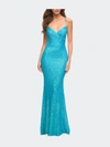 La Femme Vibrant Sequin Long Dress In Blue