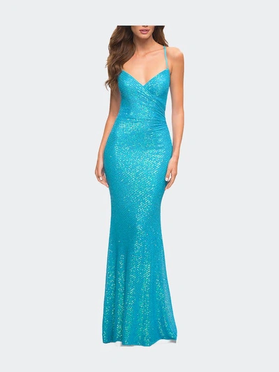 La Femme Vibrant Sequin Long Dress In Blue