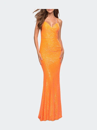 La Femme Vibrant Sequin Long Dress In Orange