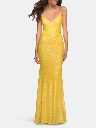 La Femme Vibrant Sequin Long Dress In Yellow