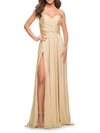 La Femme Simple Strapless Jersey Dress With High Slit In Gold