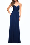 La Femme Simple Strapless Jersey Dress With High Slit In Navy