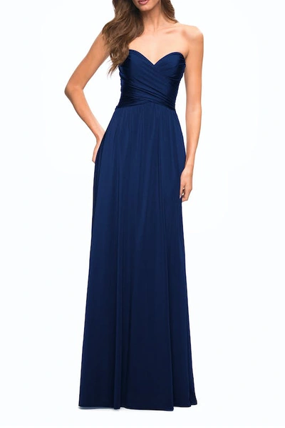 La Femme Simple Strapless Jersey Dress With High Slit In Blue