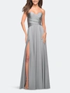 La Femme Simple Strapless Jersey Dress With High Slit In Grey