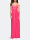 La Femme Long Satin Prom Dress With Sparkling Trim And Stones In Flamingo Pink
