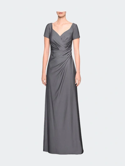 La Femme Short Sleeve Floor Length Gown With Ruching In Grey