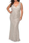 La Femme Long Sequin Plus Size Gown With V-neck In Grey