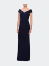 La Femme Off The Shoulder Jersey Dress With Ruching In Navy