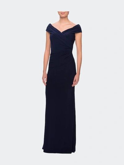 La Femme Off The Shoulder Jersey Dress With Ruching In Navy