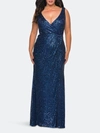 La Femme Sequin Plus Size Gown With Ruching And V-neck In Blue