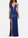 La Femme Sequin Gown With Deep V Neckline And Lace Up Back In Blue