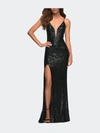 La Femme Lace Up Back Sequin Gown In Green