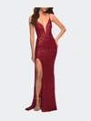 La Femme Lace Up Back Sequin Gown In Red