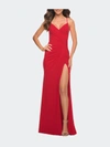 La Femme Net Jersey Long Ruched Gown With Slit And Open Back In Red