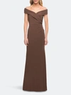 La Femme Off The Shoulder Jersey Dress In Brown