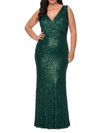 La Femme V-neck Long Sequin Gown In Green