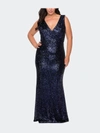 La Femme Long Sequin Plus Size Gown With V-neck In Blue