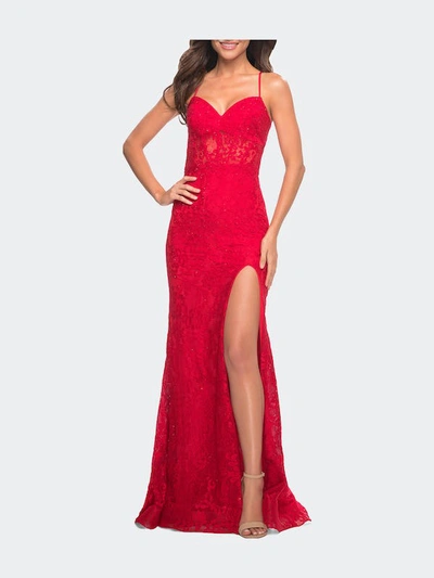 La Femme Lace Prom Gown With Sheer Bodice And Tie Up Back In Red