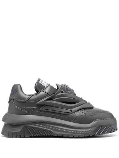 Versace Odissea Low-top Leather Sneakers In Grigio