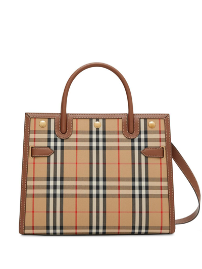 Burberry Title Mini Vintage Check Tote Bag In Beige