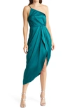 Lulus Law Of Attraction On-shoulder Satin Cocktail Dress In Green