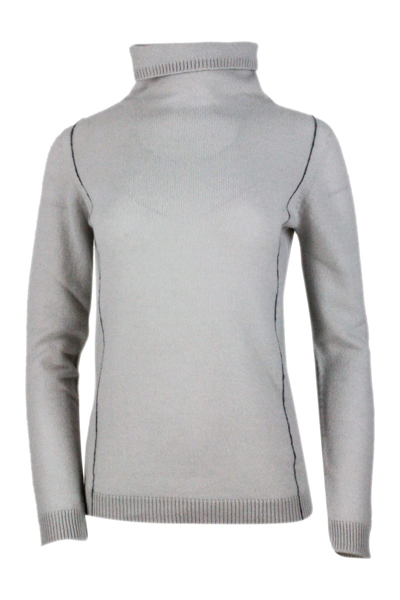 Lorena Antoniazzi Turtleneck Jumper In Pure And Soft Light Cashmere With Slim-fit Ribbed Edges In Marble