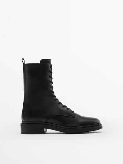 Massimo Dutti Lace-up Leather Ankle Boots In Black