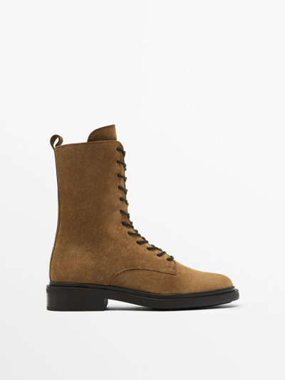 Massimo Dutti Split Suede Lace-up Ankle Boots In Tan