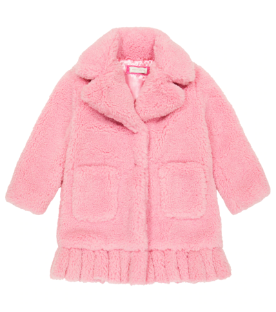 Monnalisa Fringed Faux Fur Coat In Rosa Cipria