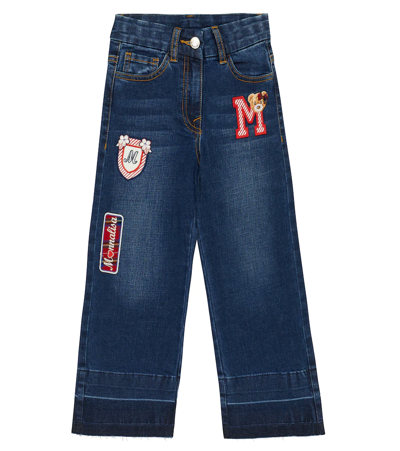 Monnalisa Embroidered Wide-leg Jeans In Blu Stone Denim