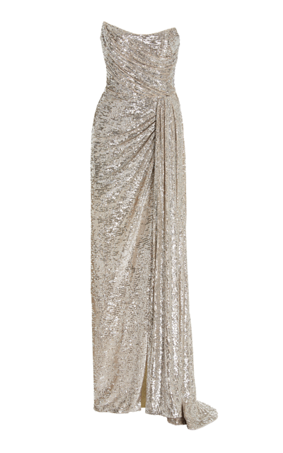 Monique Lhuillier Strapless Draped Sequined Stretch-tulle Gown In Metallic