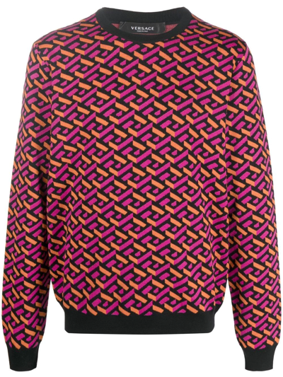 Versace La Greca Jacquard Wool Jumper In Multicolour