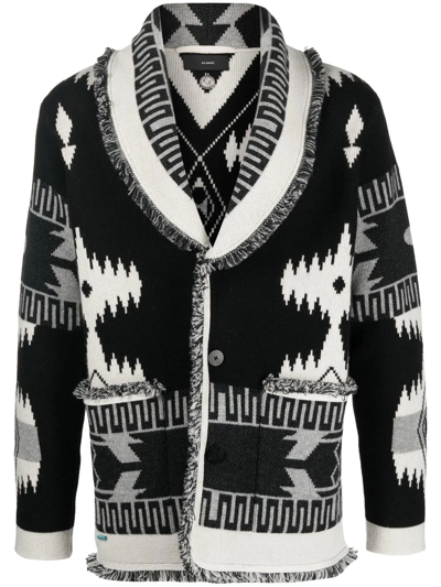 Alanui Icon Shawl-collar Cashmere And Linen-blend Jacquard Cardigan In Black,grey,white
