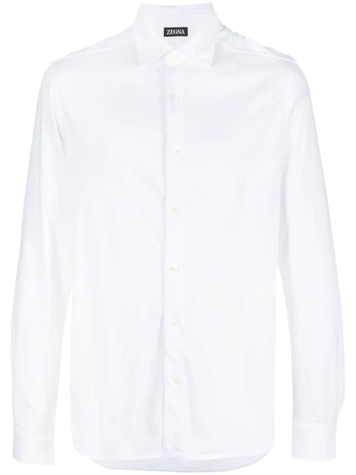 Zegna Band-collar Slubbed Cotton-blend Poplin Shirt In White